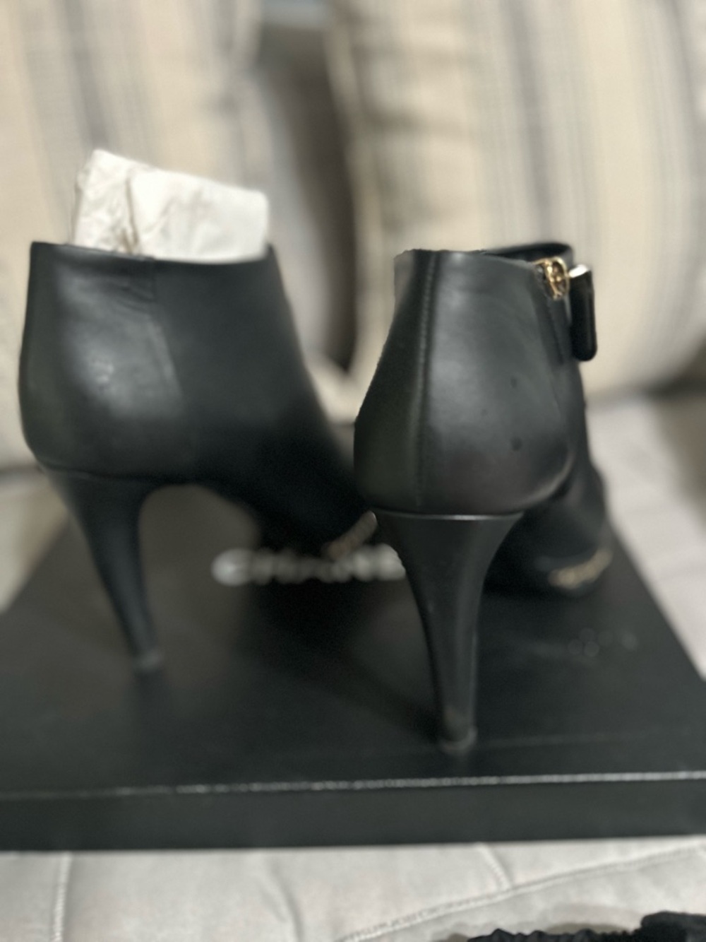 CHANEL Black Leather Peep-Toe Ankle Booties with Patent Cap Toe - Picture 7 of 8